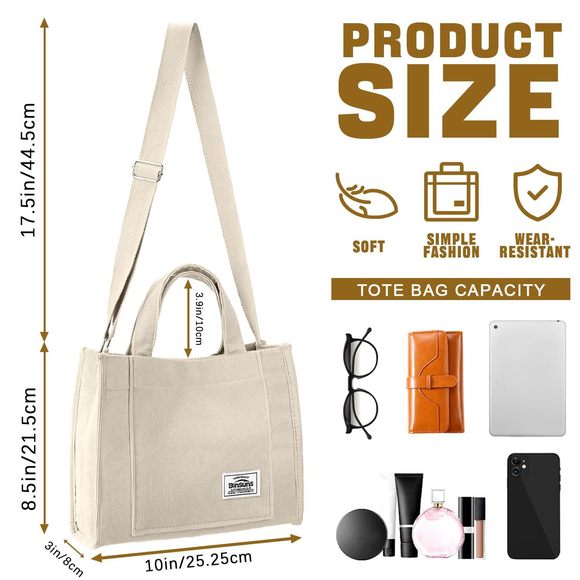 Cream Corduroy Mini Tote Satchel – Trendy Aesthetic Crossbody Shoulder Bag - Picture 2 of 6